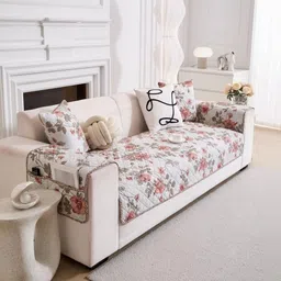 HOMETHREADS White & White Printed Sofa Cover image 3