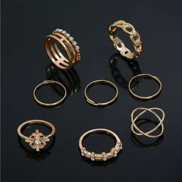 DressBerry Pack of 8 Gold-Plated Cubic Zirconia Stone-Studded Finger Ring image 2