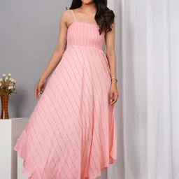 VYMO Women Striped Smocked High Low Hem A-Line Midi Dress-image-80