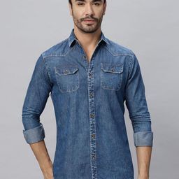 HJ HASASI Men Relaxed Fit Spread Collar Solid Denim Casual Shirt-picture-16