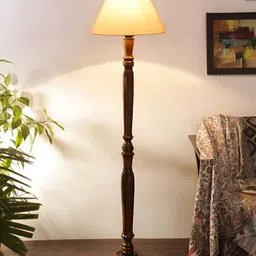 Devansh Off-White & Brown Cotton Conical Wooden Floor Lamp With Shade image 5