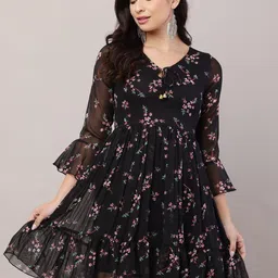 Mast & Harbour Floral Printed Bell Sleeves Tie-Up Neck Drop-Waist Dress-picture-15