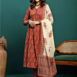 BANDIA Women Floral Printed Empire Mirror Work Pure Cotton Kurta with Trousers & Dupatta-image-20