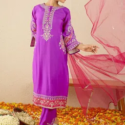 Indo Era Floral Yoke Design Round Neck Thread Work Straight Kurta & Dupatta with Trousers image 5
