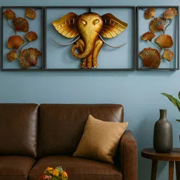 ANSHIKA INTERNATIONAL Sacred Elephant 3Pcs Black & Yellow Elephant & Leaves Wall Frames image 2