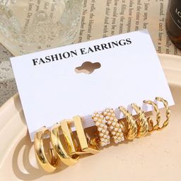 PolluxCraft Set of 5 Korean Gold-Plated Pearls Studded Contemporary Half Hoop Earrings-picture-6