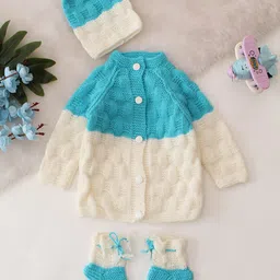 Woonie Infants Kids Colourblocked Acrylic Cardigan With Cap & Socks Set-picture-30