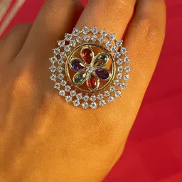 KALAVAATHI Gold-Plated Cubic Zirconia Studded Adjustable Finger Ring image 5