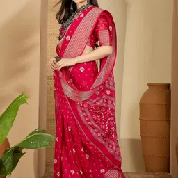 all about you Ethnic Motifs Printed Zari Bandhani Saree with Blouse Piece image 3