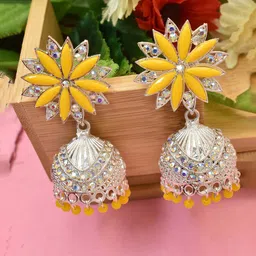 MEIRA JEWELLERY Silver-Plated Artificial Stones Studded & Beaded Dome Shaped Jhumkas-picture-39