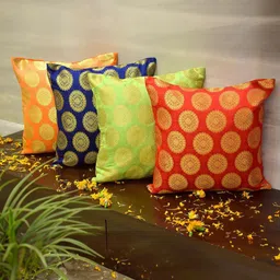 RoyalDeco Mandala Red & Gold-Toned 4 Pieces Ethnic Brocade Silk Square Cushion Covers-image-45