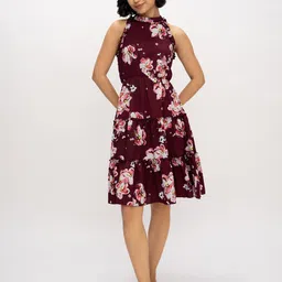 AASK Women Wine Printed Delta Crepe Fit and Flare Knee Length Dress image 5