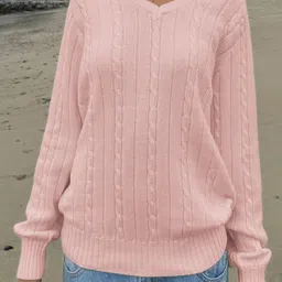 Outzidr Women V-Neck Ribbed Cable Knit Pullover Sweaters-picture-12