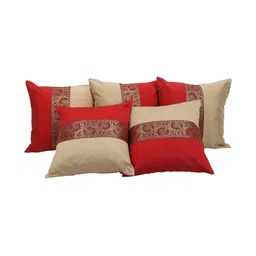 DECOWAT Red & Beige 7 Pieces Printed Silk Square Shape Cushion Covers With Bolster Covers image 3