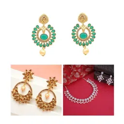 Women Click Set Of 3 Stone Studded & Beaded Jewellery Set image 1