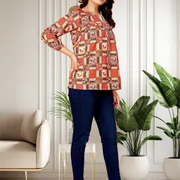 KHANJAN FASHION Print Tie-Up Neck Ethnic Crepe Top image 3
