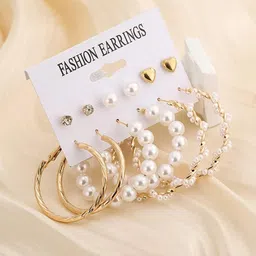 Zaphariq Set of 6 Gold-plated Pearls And Artificial Stones Studded Circular Hoop Earrings-picture-13