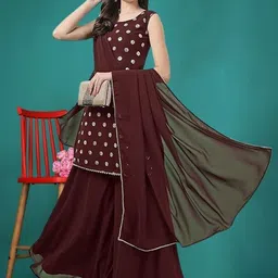 PARROT CREATION Geometric Embroidered Georgette Straight Kurti With Sharara & Dupatta-picture-23
