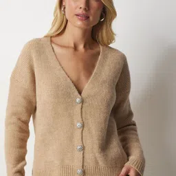 Happiness istanbul Women Biskvi Ribbed Cardigan with Embellished Detail image 2