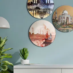 THE QUIRKY HOME 3-Pcs Beige & Blue Depicting The Taj Mahal Printed Ceramic Wall Plates-image-77