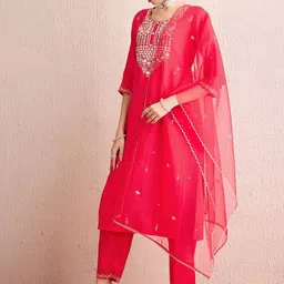Indo Era Women Embroidered Regular Sequinned Kurta with Trousers & With Dupatta image 5