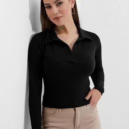 Maheshvi Ribbed Shirt Collar Fitted Crop Top-picture-14