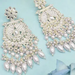 MEIRA JEWELLERY Silver Plated Kundan Stones Studded & Pearls Beaded Circular Chandbalis image 5