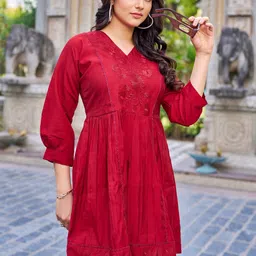 PEACH PIPER Women Solid V-Neck Embroidered Silk Fit and Flare Dress-picture-28