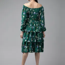 BAESD Floral Printed Off-Shoulder Puff Sleeve Georgette Layered Fit & Flare Midi Dress image 4