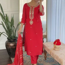 SWEETPEL Women Embroidered Notched Neck Regular Kurta & Trousers With Dupatta image 2