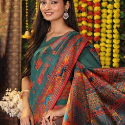 Astita Ethnic Motifs Printed Linen Cotton Saree With Unstitched Blouse Piece image 4
