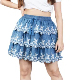 hi fashion Women Embroidered Layered Blue Skirt-picture-18