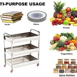 harvic 3 Layer Stainless Steel Folding Onion Potato Trolley With Stand and Wheel Stainless Steel Kitchen Trolley image 5
