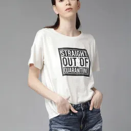 roadster Women Printed Round Neck Pure Cotton White T-Shirt-picture-18