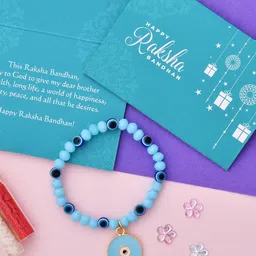 voylla Thread Blue Beads Decked Evil Eye Convertible Rakhi Mauli Thread Chawal Roli Pack Set-picture-12