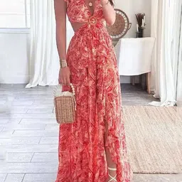 Alamode By Akanksha Women Orange Anni Floral Summer Maxi Dress-image-86