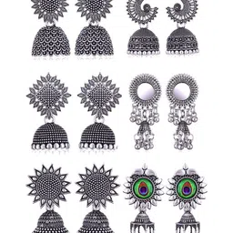 MEENAZ Set Of 6 Silver-Plated Stones Studded & Beaded Oxidised Dome Shaped Jhumkas-image-64