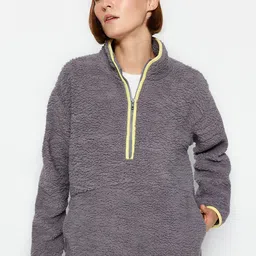Trendyol Women Solid Mock Collar Long Sleeves Half ZIpper Sweatshirt-picture-34