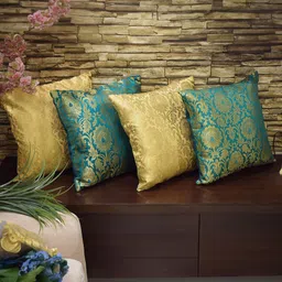RoyalDeco Gold Toned & Green 4 Pieces Embroidered Brocade Silk Square Cushion Covers image 5