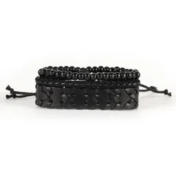 KPOP Men Set Of 3 Artificial Beaded Leather Wraparound Bracelets-picture-33