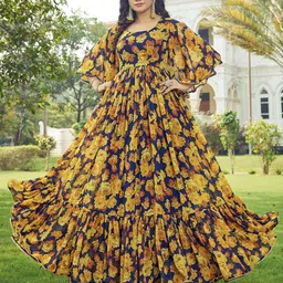 Chandbaali Floral Print Bell Sleeve Georgette Fit & Flare Maxi Dress-picture-41