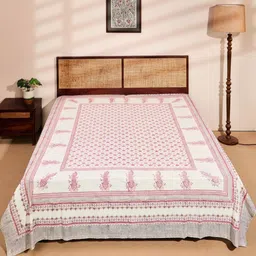 Fabindia Pink & White Printed Cotton Double King Bed Cover-image-66