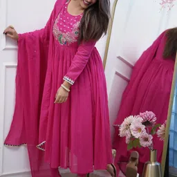 sanjana  silk SANJANA SILK Floral Embroidered Thread Work Silk Chiffon Kurta With Trousers & Dupatta image 2