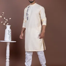PulseIQ Men Beige Slogan Printed Cotton Kurta image 3