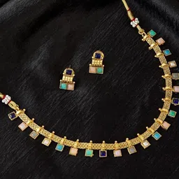 Anouk Gold Plated & Multicolour Stone Studded square shaped jewellery set-picture-10
