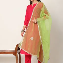 Yufta Round Neck Three-Quarter Sleeves Regular Kurta With Trouser With Dupatta image 4