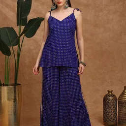 Globus Foil Print V-Neck Tie-Up Shoulder Strap Tassel Detail Top & Palazzos Co-Ords-picture-24