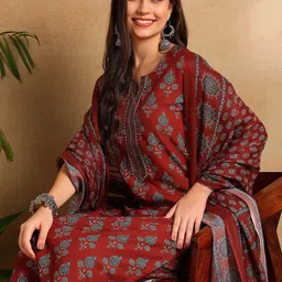 KALINI Women Floral Printed Regular Kurta with Trousers & With Dupatta image 5