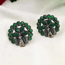 Yash Jewels Emporiums Silver-Plated Artificial Stones Studded Floral Shaped Oxidized Studs-picture-15