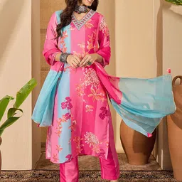 Sangria Floral Printed & Embroidered V-Neck Straight Kurta With Trousers And Dupatta-picture-25